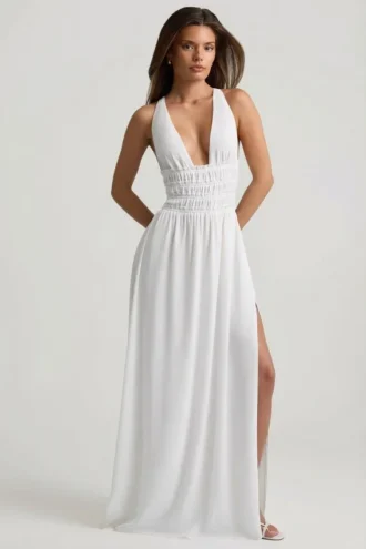Pryana Plunge Cross-Back Maxi-kjole i hvitt
