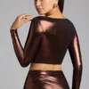 Rana crop-top i metallisk jersey med dyp utringning i kobberbronse