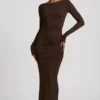 Regine Modal Ruched Backless Maxi Kjoler i sjokoladebrun