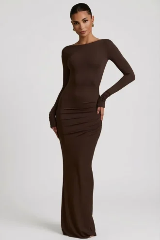 Regine Modal Ruched Backless Maxi Kjoler i sjokoladebrun