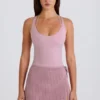 Ribbestrikket skort med snøring i mauve