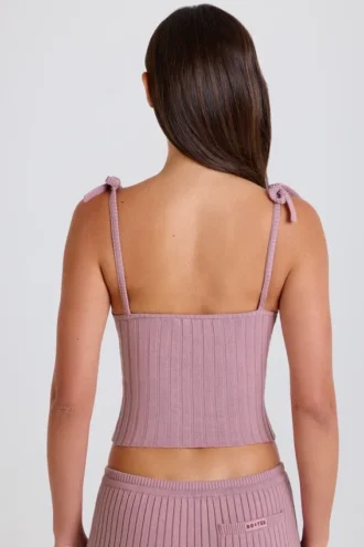 Ribbestrikket tank-top med knyttebånd i mauve