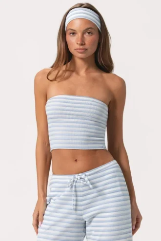 Ribbet jersey-bandeau-top i blå striper