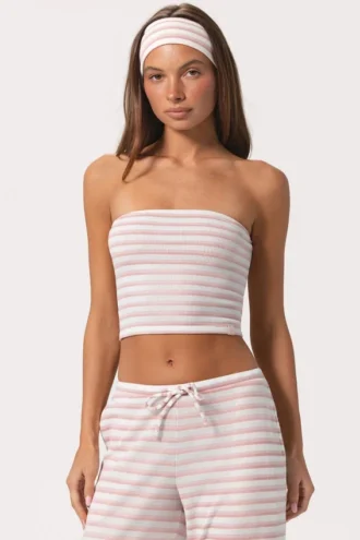 Ribbet jersey-bandeau-top i rosa striper