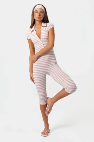 Ribbet jersey-capri-jumpsuit i rosa striper