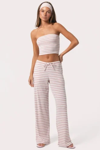 Ribbet jerseybukse med lav midje i rosa striper