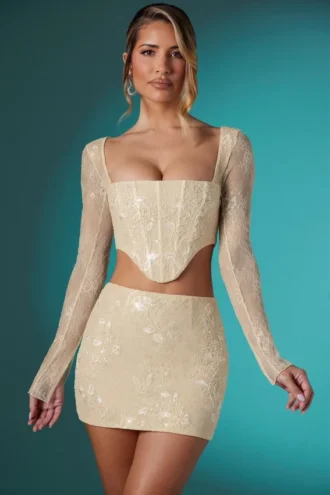 Romy pyntet bodycon-miniskjørt i blonder i elfenben