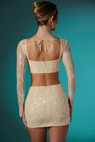 Romy pyntet bodycon-miniskjørt i blonder i elfenben