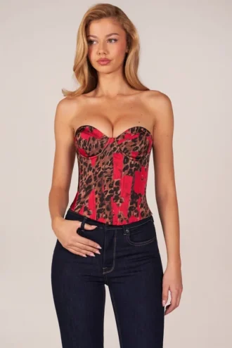 Rose Bandeau Lace-Up Corset Top  i Rose Leopard Print