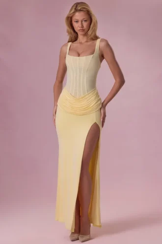 Rosina Mesh Draped Bridesmaid Kjole i Butter Yellow