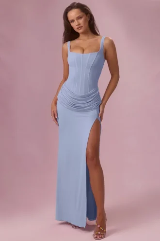 Rosina Mesh Draped Bridesmaid Kjole i Powder Blue