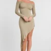 Roxana langermet off-the-shoulder-maxikjole i modal-kasjmirblanding i taupe