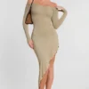 Roxana langermet off-the-shoulder-maxikjole i modal-kasjmirblanding i taupe