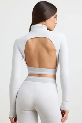 Ryggløs turtleneck-crop-top med lange ermer i grå melert
