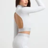 Ryggløs turtleneck-crop-top med lange ermer i grå melert