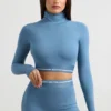 Ryggløs turtleneck-crop-top med lange ermer i stålblå