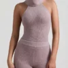 Sakari ribbestrikket turtleneck-top med åpen rygg i taupe