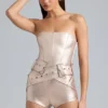 Sasha metallisk denim-korsett-Playsuit med belte i champagne