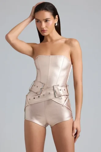 Sasha metallisk denim-korsett-Playsuit med belte i champagne