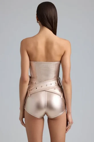 Sasha metallisk denim-korsett-Playsuit med belte i champagne