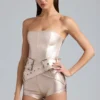 Sasha metallisk denim-korsett-Playsuit med belte i champagne