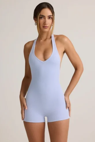 Shelly Modal ribbet ryggløs playsuit i lyseblå