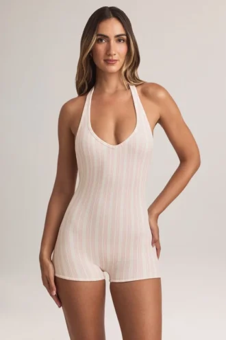 Shelly Modal ribbet ryggløs playsuit i stripeprint