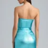 Simone Metallic Denim Belted Strapless Minikjole i Aqua