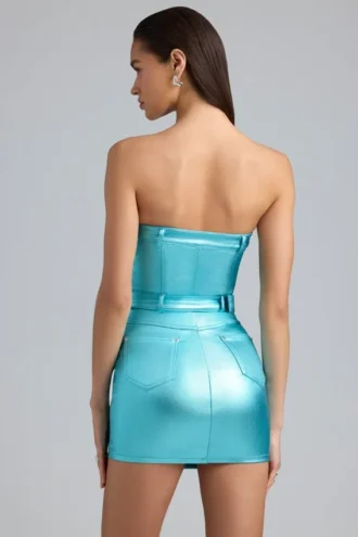 Simone Metallic Denim Belted Strapless Minikjole i Aqua