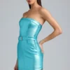 Simone Metallic Denim Belted Strapless Minikjole i Aqua