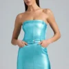 Simone Metallic Denim Belted Strapless Minikjole i Aqua