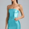 Simone Metallic Denim Belted Strapless Minikjole i Aqua