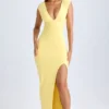 Sloane Modal Plunge-Neck Thigh-Split Maxi Kjoler i Lemon Sherbet