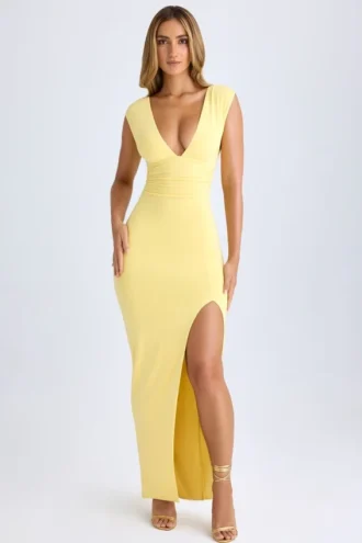 Sloane Modal Plunge-Neck Thigh-Split Maxi Kjoler i Lemon Sherbet