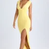 Sloane Modal Plunge-Neck Thigh-Split Maxi Kjoler i Lemon Sherbet