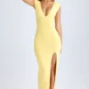 Sloane Modal Plunge-Neck Thigh-Split Maxi Kjoler i Lemon Sherbet