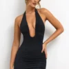 Sofija Slinky Jersey Plunge Neck Ruched Minikjoler i svart