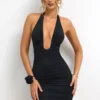 Sofija Slinky Jersey Plunge Neck Ruched Minikjoler i svart