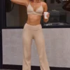 Soft Rib High Waist Fold Over Trousers i Beige Sand