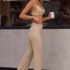 Soft Rib High Waist Fold Over Trousers i Beige Sand