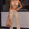 Soft Rib High Waist Fold Over Trousers i Beige Sand