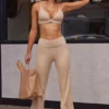 Soft Rib High Waist Fold Over Trousers i Beige Sand