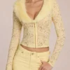 Solaya cardigan med blonder og fuskepels i sitrongult