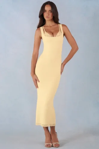 Sorelle Modal Lace-Trim Midaxi-kjole i smørgul