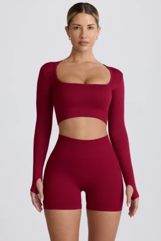 Super Sculpt sømløs kort topp med lange ermer i burgunder