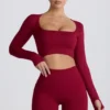 Super Sculpt sømløs kort topp med lange ermer i burgunder