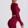 Super Sculpt sømløs kort topp med lange ermer i burgunder