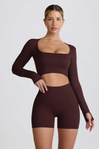 Super Sculpt sømløs kort topp med lange ermer i sjokolade