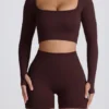 Super Sculpt sømløs kort topp med lange ermer i sjokolade