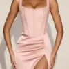 Taliah Lace Soft-Scoop Corset Satin Midaxi-kjole i rosa